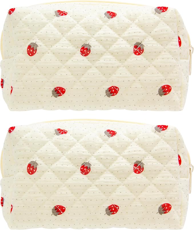 Small Quilted Makeup Bag,Zipper Cosmetic Pouch,Gauze Strawberry,2 Pack | Lightweight Cosmetic Bag Organizer for Women,Purse Storage Holds Makeup,Toiletries,Skincare,Beauty Essentials,Travel Items