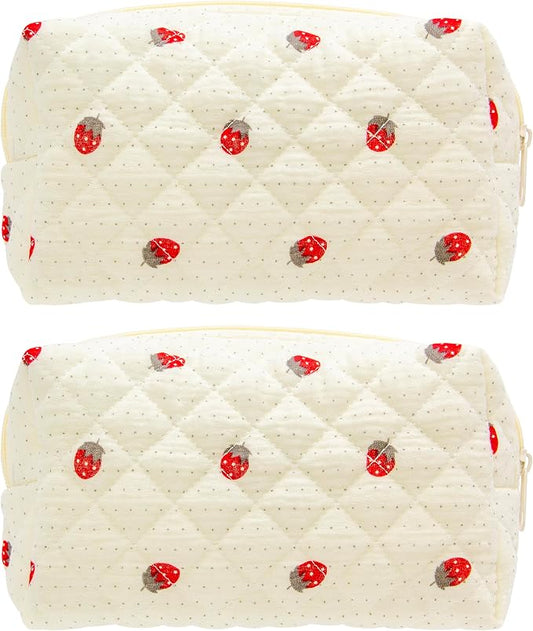 Small Quilted Makeup Bag,Zipper Cosmetic Pouch,Gauze Strawberry,2 Pack | Lightweight Cosmetic Bag Organizer for Women,Purse Storage Holds Makeup,Toiletries,Skincare,Beauty Essentials,Travel Items