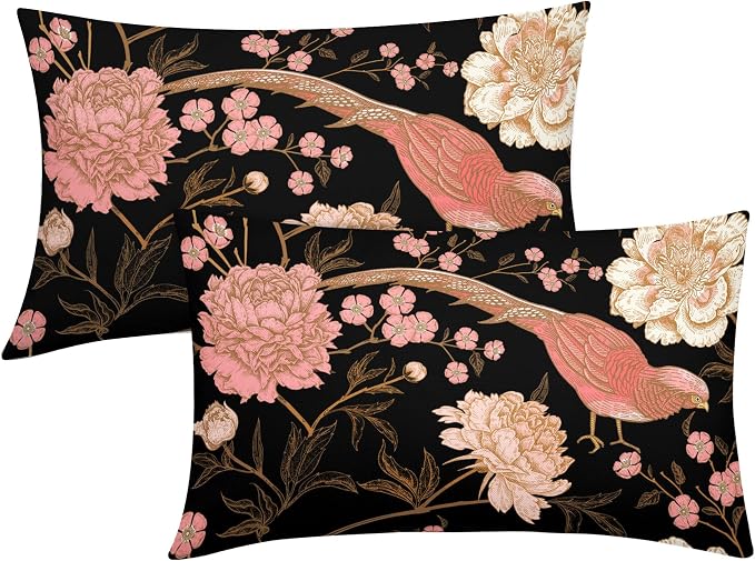 Flowers Birds Leaf Lumbar Pillow Covers 12X20 Inch Set of 2 Pink White Roses Floral Decorative Pillow Cases Art Black Gold Cotton Linen Cushion Case Vintage Home Decor for Sofa Couch Porch Outdoor