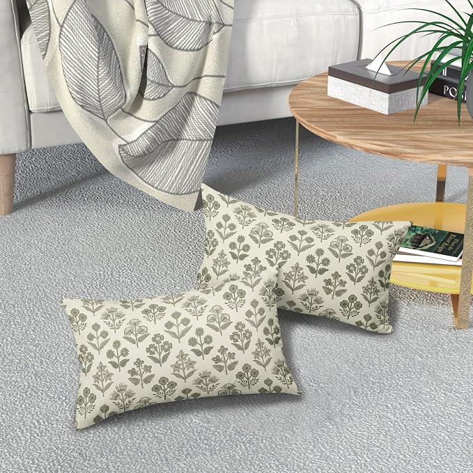 Olive Green Floral Pillow Covers 12x20 Inch Set of 2, Block Print Lumbar Flower Cream Decorative Throw Pillowcases Outdoor Farmhouse Rectangle Cushion Covers Spring Summer Sofa Couch Bed Decor
