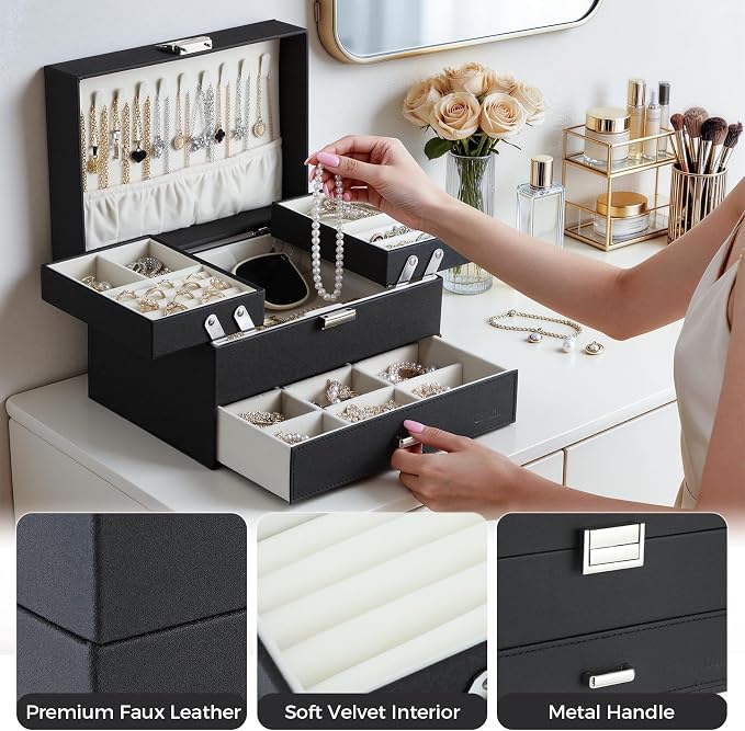 Jewelry Organizer Box, Large Jewelry Boxes for Women Girls, Space-Saving 3 Layers Jewelry Storage Case with Drawer, Movable Metal Stand, Modern, Gift Idea (Black)