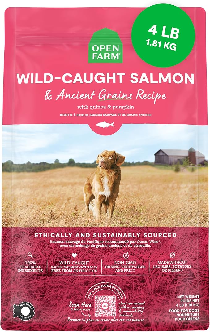 Open Farm Ancient Grains Dry Dog Food, Wild Caught Salmon Kibble, 4lb Bag | All Life Stages, All Breed Sizes, Protein-Rich & Nutrient Dense, 100% Traceable Ingredients, Non-GMO Fruits & Veggies.