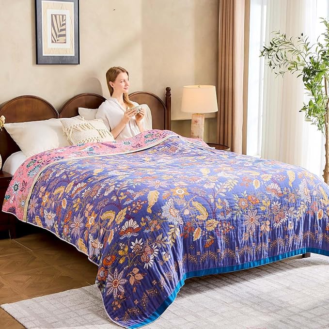 XIBLC Boho Blanket, 100% Cotton Farmhouse Decorative Throw Blanket, 50"x60" Reversible Bohemian Throw Blanket, Purple All Season Muslin Breathable Woven Blankets Quilt
