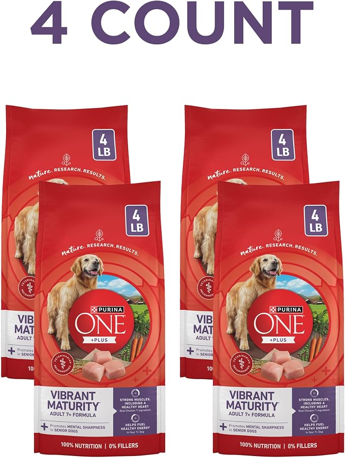 Purina ONE High Protein Dry Senior Dog Food Plus Vibrant Maturity Adult 7 Plus Formula - 4 Pound (Pack of 4) | Vibrant Maturity formula for mature 7+ dogs, real chicken as the first ingredient, promotes metal sharpness in senior dogs