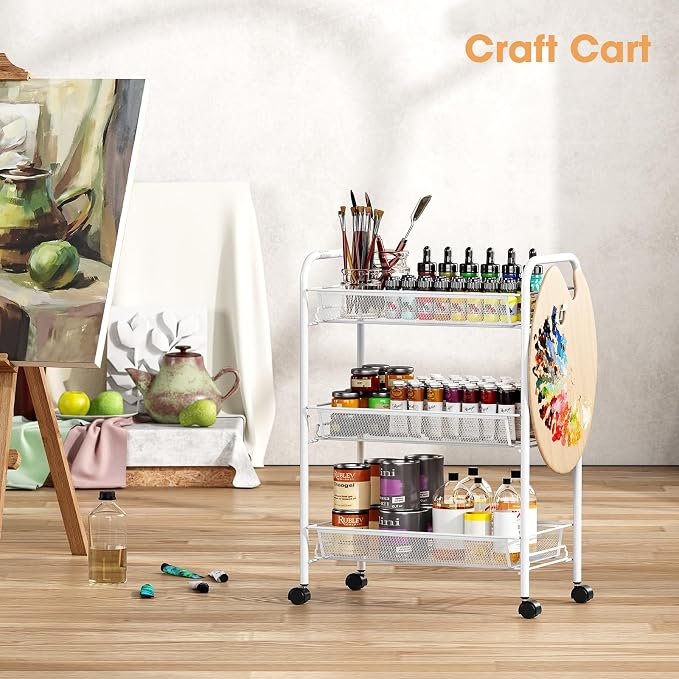 TOOLF 3 Tier Rolling Cart, Metal Utility Storage Cart with Wheels, White | 3 Hooks, Screwless Assembly, Trolley Organizer for Bathroom, Kitchen, Office, Nursery, Dorm, Laundry Room