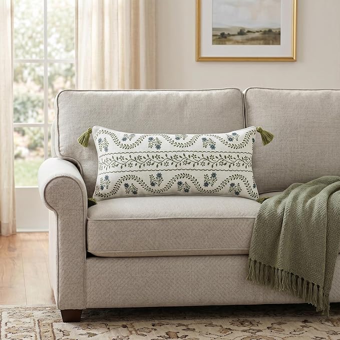 Designer Vintage Linen Throw Pillow Cover,28"x12"-Mosella D | French Elegant Rectangle Decor Pillow Cover,Concealed Zipper Design,Floral Pattern,Sofa,Bedroom,Living Room,Lounge Chairs