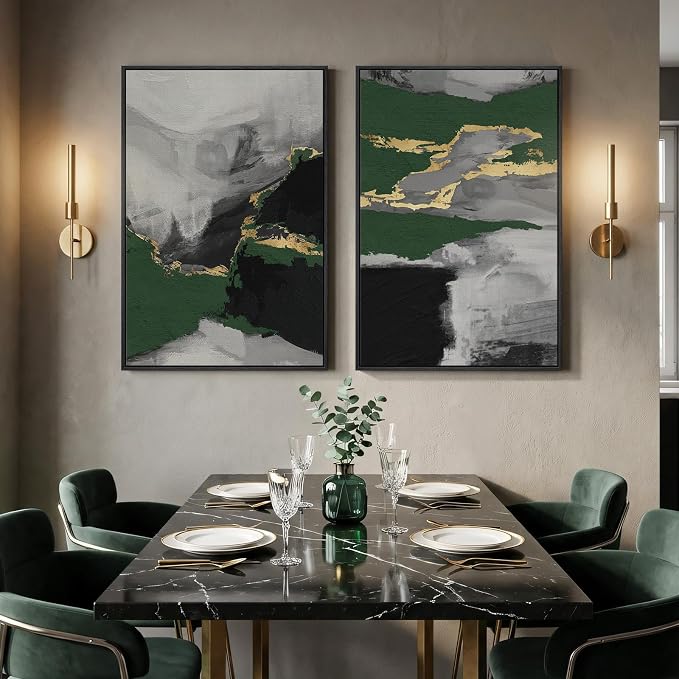 Large Framed Green Abstract Wall Art, 2 Piece Modern Canvas Prints Paintings, Black and Gray Pictures with Gold Accents for Living Room Hallway Dining Room Bedroom Office Wall Decor 24x36 In