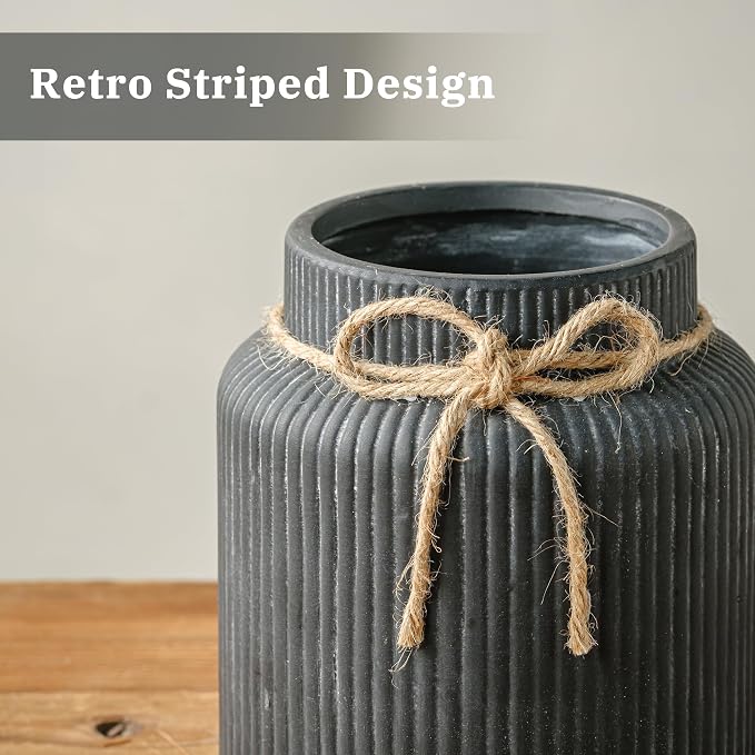Rustic Ceramic Flower Vase, 7.2in Vintage Black Ribbed Vases for Home Decor | Farmhouse Decorative Terracotta Vases Wide Mouth Vase for Bedroom Living Room Table Centerpieces Shelf Cabinet Decorations