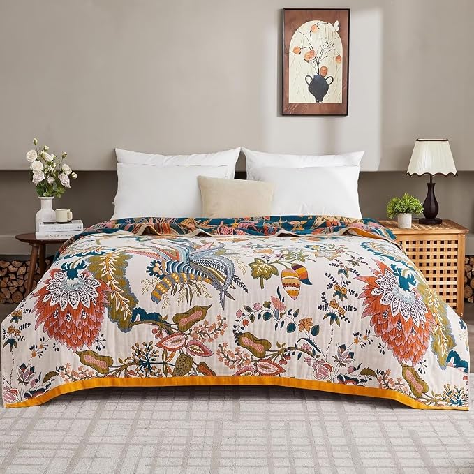 Boho Throw Blanket Farmhouse Decor Throw Blanket Bohemian Blanket for Bed 100% Cotton Muslin Woven Couch Blanket All Seasons Quilt Bedroom (J-Beige, 60"x80")