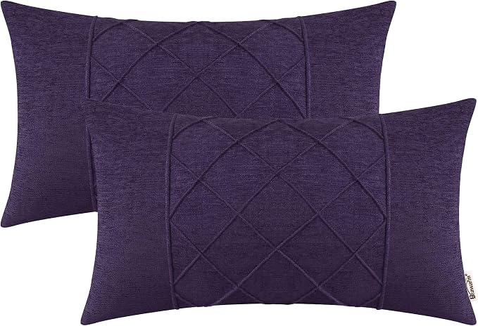 BRAWARM Chenille Throw Pillow Covers 12x20 Inches, Purple, 2 Pack | Decorative Lumbar Pleated Pillow Covers, Soft Cushion Cases for Sofa Bed Living Room Home Farmhouse (No Insert)