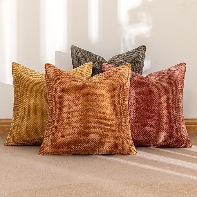 MIULEE Decorative Chenille Fall Pillow Covers Orange Brown 18x18 Pack of 4 | Rustic Decor, Autumn Harvest Orange Collection, Couch Throw Pillows, Farmhouse Boho Cushion Covers for Sofa Bed Living Room