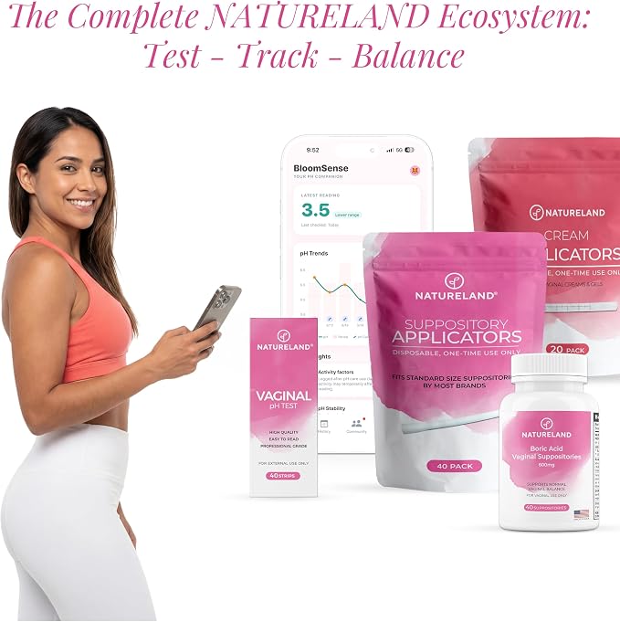 NATURELAND Vaginal pH Test Strips for Women – At-Home BV and Yeast Infection Test Kit, with BloomSense App, Accurate 3.5-6.5 Range, Foil-Sealed (20 Strips)