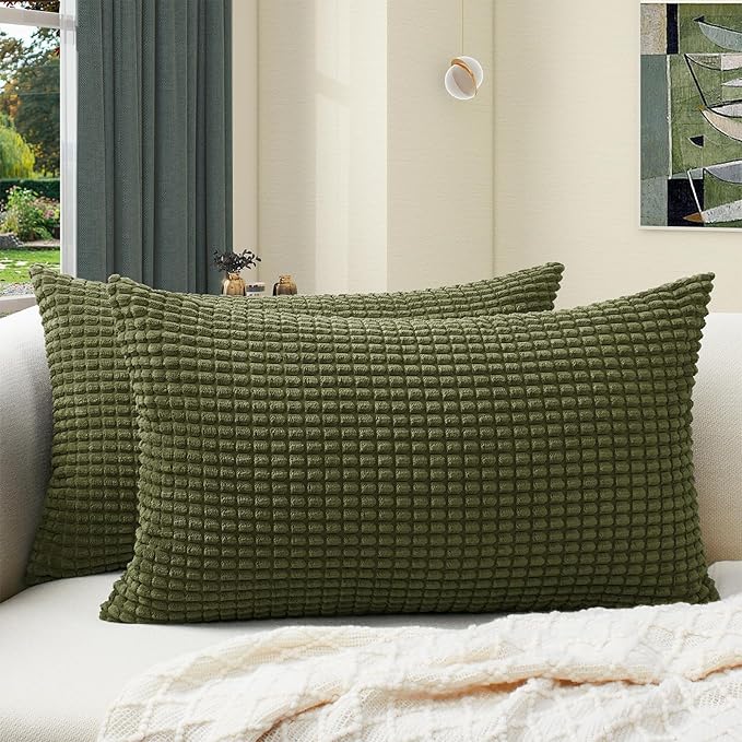 Softalker 2 Pack Corduroy Decorative Throw Pillow Covers 12x20, Olive Green | Soft Boho Striped Pillow Cases, Couch Fluffy Cushion Covers for Farmhouse Home Decor Bed Living Room