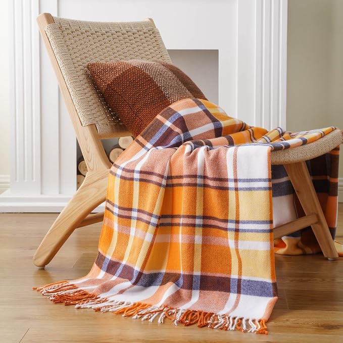 Fall Plaid Throw Blanket for Couch Bed, Mustard Throw Blanket, Fall Decor | 50x60in, Orange Fall Blanket, Woven Throw with Tassels, Buffalo Checkered Plaid Blankets and Throws Farmhouse Style for Home