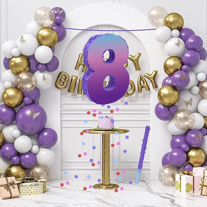 Purple Birthday Party Decorations, Purple Number 8 Pinata with Stick Blindfold Confetti for Girls Boys 8th Birthday Activity Game Gift (15.7 x 11.5 x 3 In)