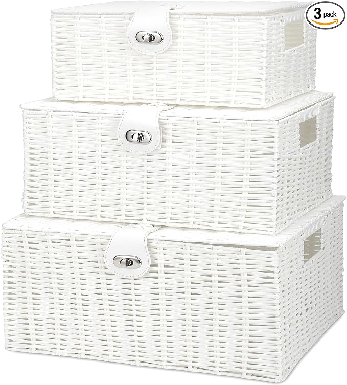 Honygebia White Wicker Storage Baskets - Set of 3 Decorative Nesting Boxes with Lids, Woven Basket with Lock & Handle, Organizer for Beauty Makeup Bathroom Decor