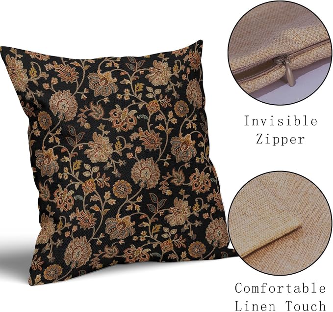 Black Brown Floral Pillow Covers 22X22 Inch Set of 2 Vintage Boho Carpet Flowers Decorative Pillow Cases Leaves Plant Cotton Linen Cushion Case Farmhouse Home Decor for Sofa Couch Living Room