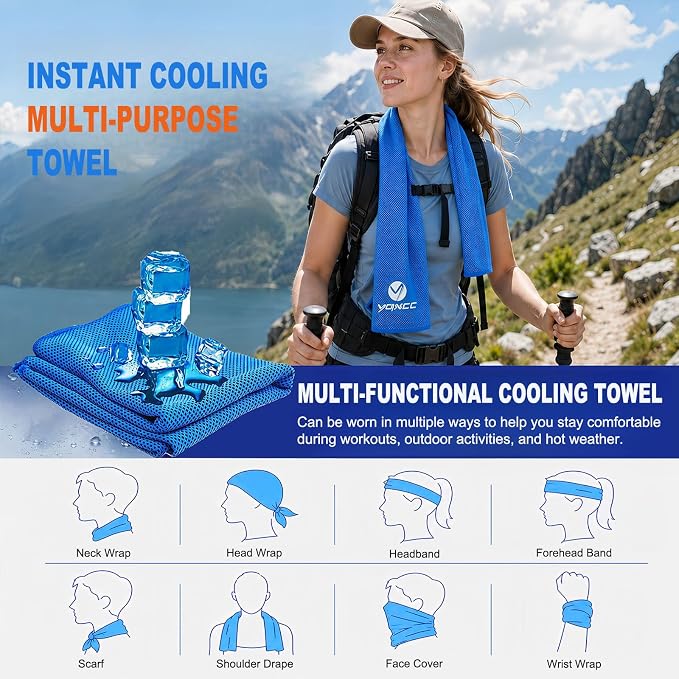 YQXCC 2 Pack Cooling Towels (47"x12"), Ice Cool Neck Towel, Soft Breathable Microfiber for Yoga, Golf, Gym, Running, Camping & Hot Weather