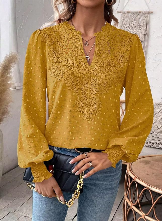 Womens Tops Swiss Dot Boho Long Sleeve Shirts V Neck Casual Chiffon Blouses Flowy Lace Hem Cute Clothing Trendy 2026