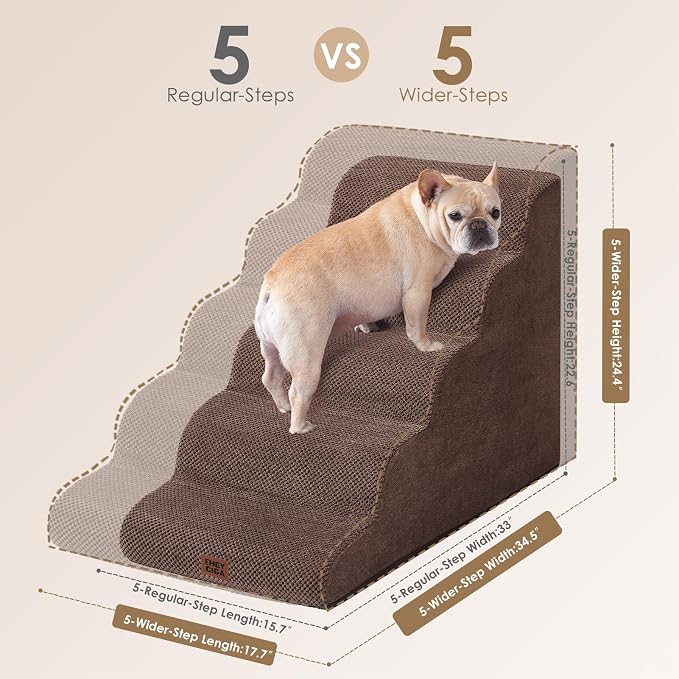 EHEYCIGA Curved Dog Stairs Ramp, 5-Step Extra Wide High Beds, Dog Steps | 33D density of pure foam, for Small Dogs and Cats, Pet Stairs for High Bed Climbing, Non-Slip Balanced Indoor, Brown