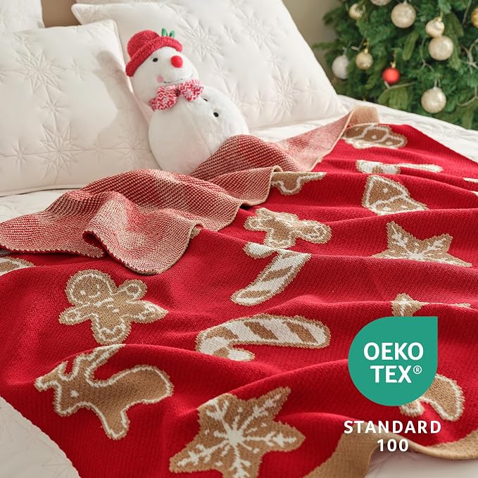 Christmas Knit Throw for Couch, Reversible Soft Cozy Chenille Blanket for Home Decor Gift for Family, 50" x 60", Christmas Gingerbread Cookie