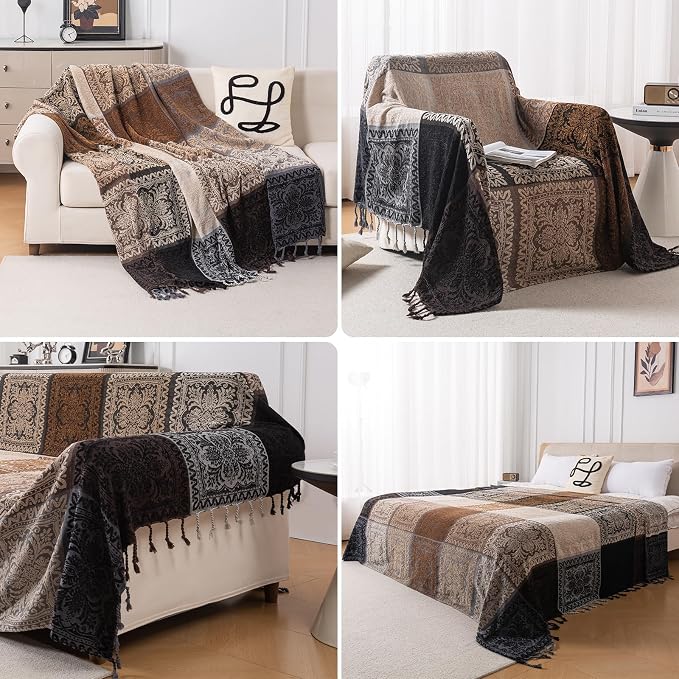 Boho Throw Blanket, Chenille Jacquard Tassels Throw Blankets for Bed Couch Soft Chair， Bohemian Fringe Tassels (Black, Large 86 * 102Inches)