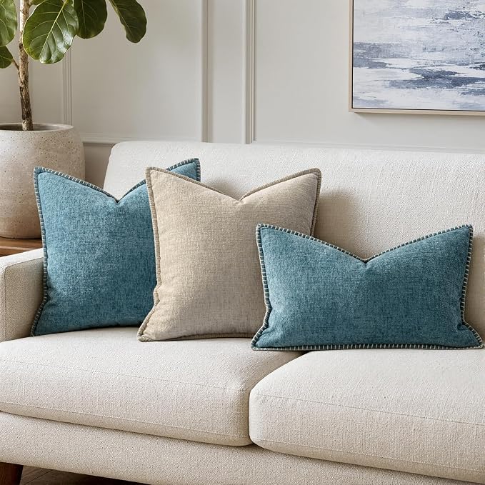 MIULEE Decorative Lumbar Throw Pillow Covers 12x20 Inch Smoke Blue 2 Pack | Farmhouse Pillow Covers with Stitched Edge, Soft Chenille Cushion Cases, for Couch Sofa Bed Living Room Home Decor