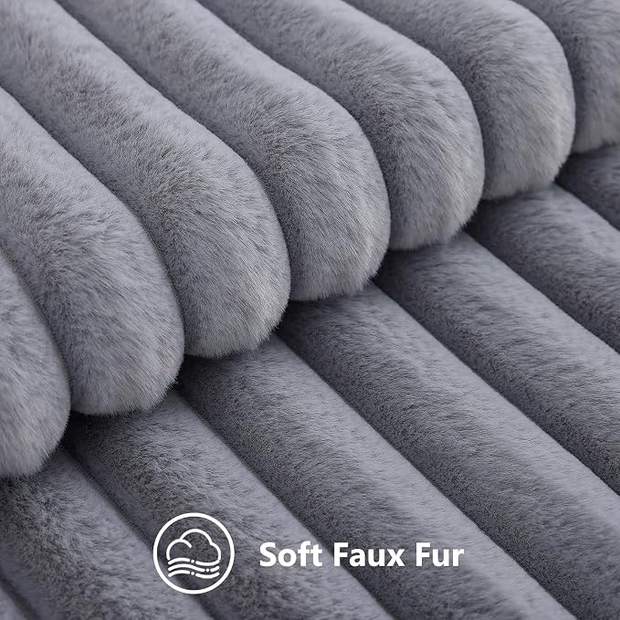 decorUhome Fall Faux Fur Throw Pillow Covers 18x18 Set of 2 Grey | Decorative Soft Cozy Striped Plush Modern Farmhouse Boho Couch Pillow Cases Velvet Back for Sofa Bed Living Room Home Decor