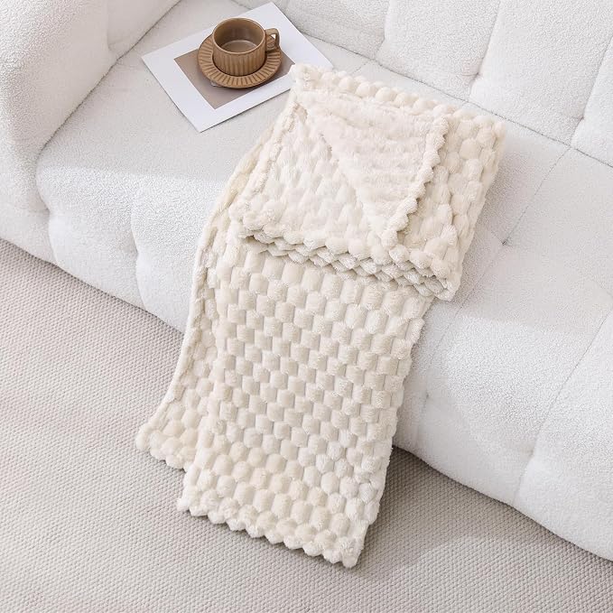Cream Fleece Throw Blanket 50”×60” for Couch Sofa Bed | Super Soft Cozy Plush Microfiber Flannel Blanket with 3D Jacquard Decorative Lightweight for Mom Woman