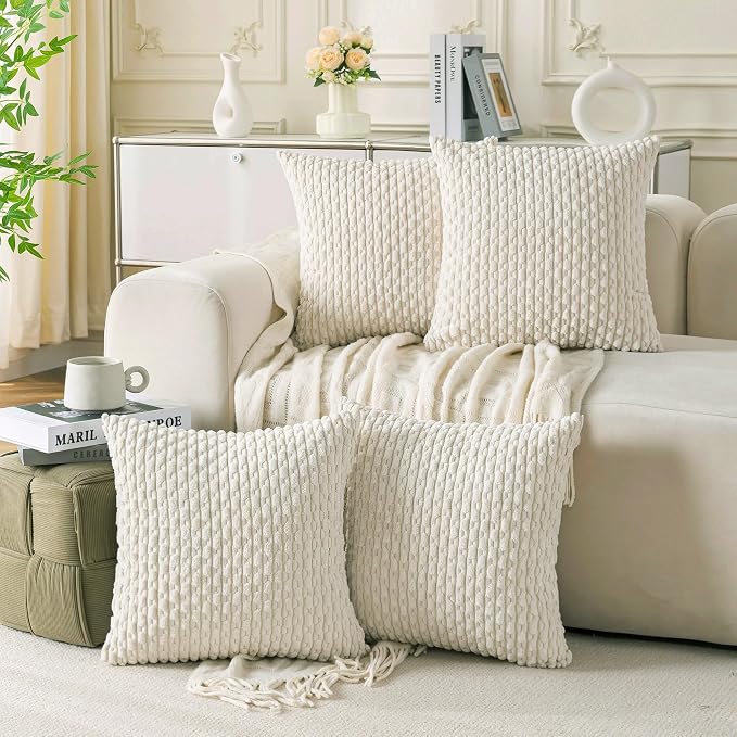 Set of 4 Cream White Decorative Throw Pillow Covers 22x22 Inch Corduroy Pillow Covers for Bed Couch Sofa Living Room Soft Square Cushion Cases