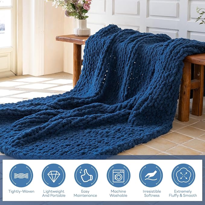 Chunky Knit Blanket - Luxury Soft Cozy 60 * 80 Throw Blanket,100% Woven Blanket Rope Knot Throw Blanket for Couch, Sofa, Home Decor, Gift - Machine Washable (Deep Blue, 60 * 80)