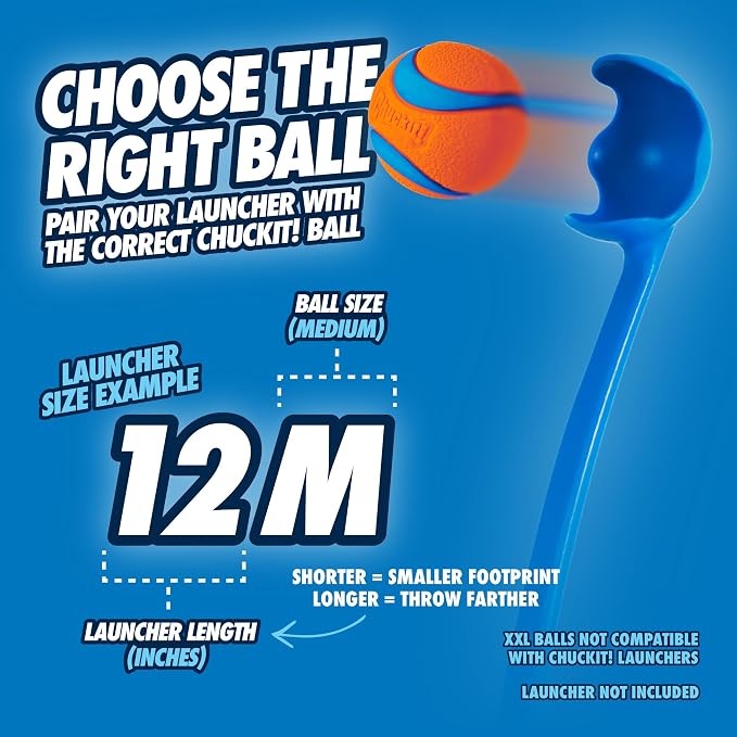 Chuckit! Dog Ball Launcher 12M Sport with 12" Handle Length for Medium 2.5" Dog Balls for Dogs 20-60 lb, Plastic Pet Fetch Ball Thrower, Perfect to Kids, Made in USA, Blue, 12in (Pack of 12)