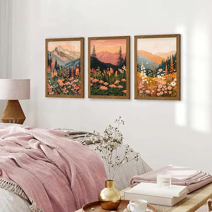 WRFON Botanical and Flower Canvas Wall Art, Framed Mountain Landscape Wall Art Set of 3, Wildflower Meadow Canvas Print, Rustic Nature Decor for Living Room Bedroom Cabin Lodge Farmhouse Decor, 12x16