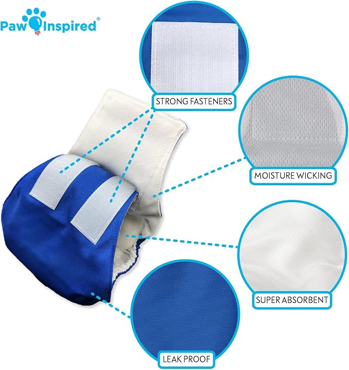 Paw Inspired Washable Male Dog Wraps, Assorted/White Lining, Medium, 3 Pack | M Size, Blue/Green/Brown Colors, Reusable Cloth Belly Bands for Potty Training, Marking, Incontinence, Travel, Surgery