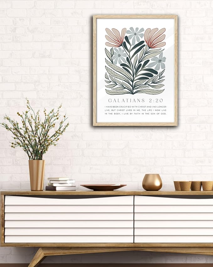 EcoHest 16x20 in Galatians 2:20 Abstract Floral Framed Christian Wall Art | Solid Oak Wood Frame with Canvas Wall Art, Boho Scripture Bible Verse Decor for Bedroom, Living Room, Office, Church, 1Pack