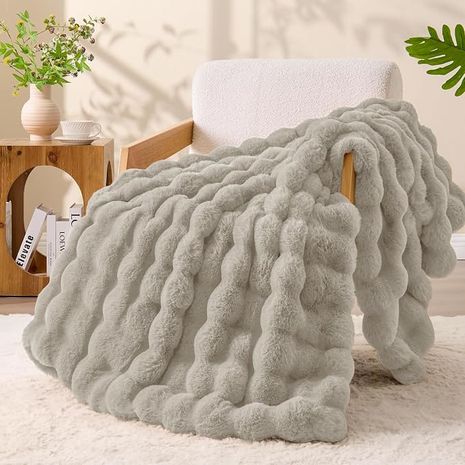BEDELITE Faux Fur Throw Bubble Blanket for Couch, 50" x 60", Linen | 870GSM Soft Cozy Plush Blanket for Sofa & Bed Living Room Decor, Warm Fuzzy Faux Rabbit Fur for Women Gift, All Season Use