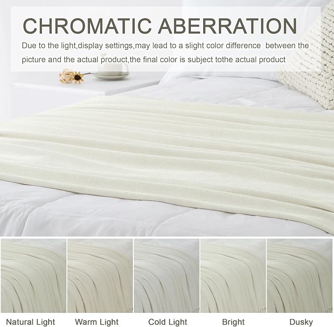Chenille Throw Blanket for Couch 60" x 80" Twin, Ivory White | Soft Cozy Warm Throws with Fringe Tassel, for Living Room Bed Sofa Chair Cover, Lightweight Knitted Decorative Boho Blankets