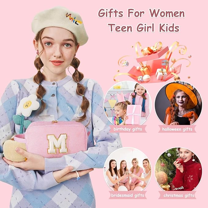 YOOLIFE Gifts for Women - Personalized Monogram Initial Pink Cute Makeup Bag for Women, Reusable Cosmetic Bag, Perfect for Daily Use, Makeup, Toiletry