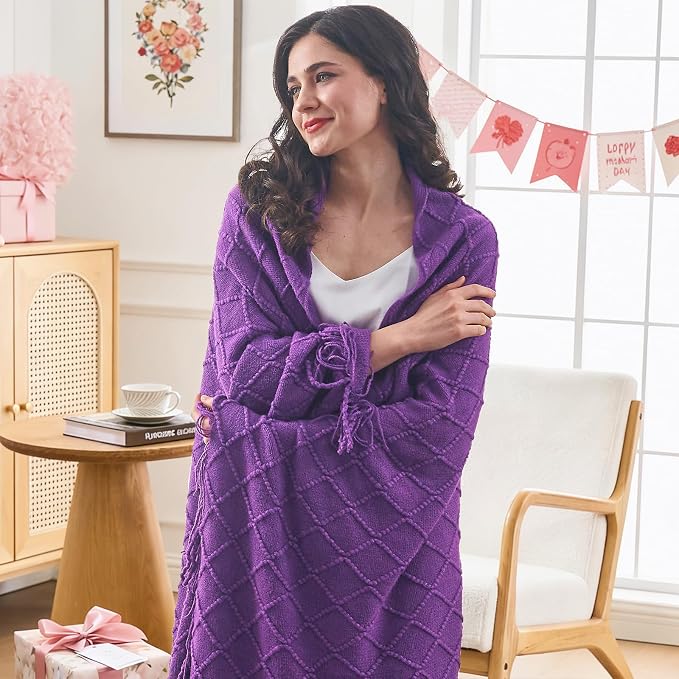 inhand Purple Knitted Throw Blanket for Couch and Bed, 60"x80" | Gifts for Mom from Daughter Son, Soft Lightweight with Tassels, Farmhouse Warm Decorative Blanket for Women, Cozy Knit