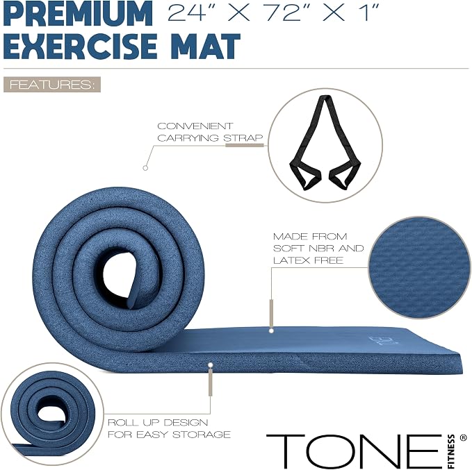 Tone Fitness 1-Inch Thick Yoga Mat | High-Density, Non-slip Exercise Mat with Carrying Strap for Yoga, Pilates, & Home Gym Workouts | Multiple Options