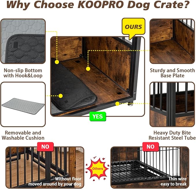 KOOPRO 40" Dog Crate Furniture w/Cushion, Heavy Duty for Large Medium Dogs | Wooden Dog Kennel with Double Doors, Decorative Pet House Dog Cage Side End Table Indoor, Sliding Door Chew-Resistant