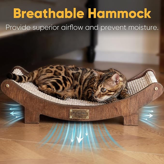 FUKUMARU Extra Large Sisal Cat Scratcher Bed Indoor Sturdy Wood Scratch Bed | 27.4 Inch Large Cat Scratching Bed Scratch Pad, 100% Natural Sisal Cat Hammock, Solid Wood Frame Lounger Chair Sofa