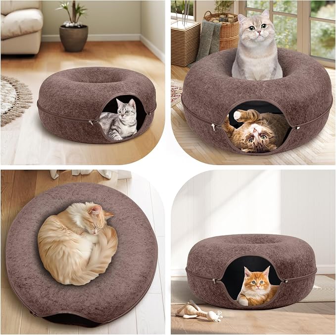 Cat Caves for Indoor Cats, Large Cat Tunnel for Multiple & Large Cats, Scratch Detachable Cave Bed, Kitten Donut Kitty Hideaway Up to 45 Lbs (Brown, Large, 1 Pack)