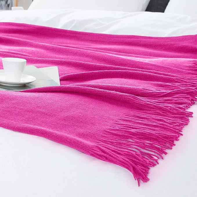 Vonty Hot Pink Knitted Throw Blanket with Tassels Fringe, 50x60 Acrylic | Super Soft And Lightweight, Year-Round Cozy Warmth, Farmhouse Decorative Style, Machine Washable, for Couch, Sofa or Bed