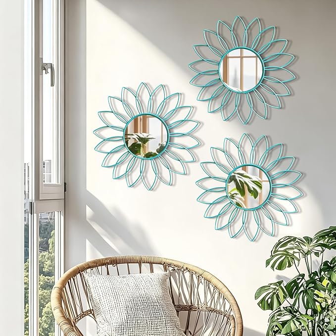 3 Pack Metal Mirrors for Wall Sunburst Wall Mirrors Home Décor Decorative Hanging Wall Art for Living Room Bedroom Entryway (Greenish Blue, Flowers)