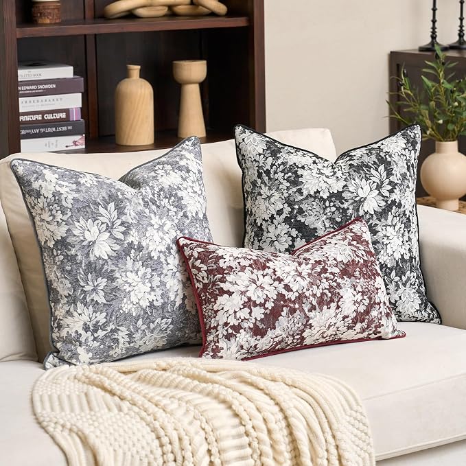 Alerfa Grey Neutral Floral Pillow Cover 20 x 20 Inch, Vintage Chenille Square Couch Pillow Cover Soft Decorative Farmhouse Accent Pillowcase for Living Room Bedroom