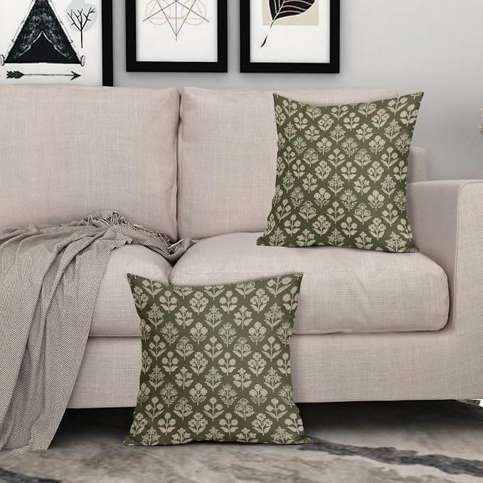 Olive Green Floral Pillow Covers 22x22 Inch Set of 2, Vintage Flower Block Print Pattern Decorative Throw Pillowcases Outdoor Farmhouse Cushion Covers Spring Summer Rustic Sofa Couch Bed Decor