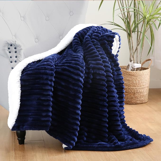 Navy Blue Sherpa Fleece Throw Blanket 90”×90”for Couch Sofa Bed | Double Side Soft Fuzzy Cozy Plush Thick Flannel Blanket with Striped Design Gift for Adults,Woman
