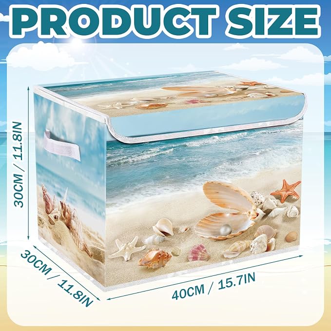 Briwooody Summer Beach Storage Bin with Lid and Carrying Handle Coastal Foldable Storage Box Large Ocean Seashell Decorative Collapsible Container Basket for Organizing Closet Home Bedroom Gift