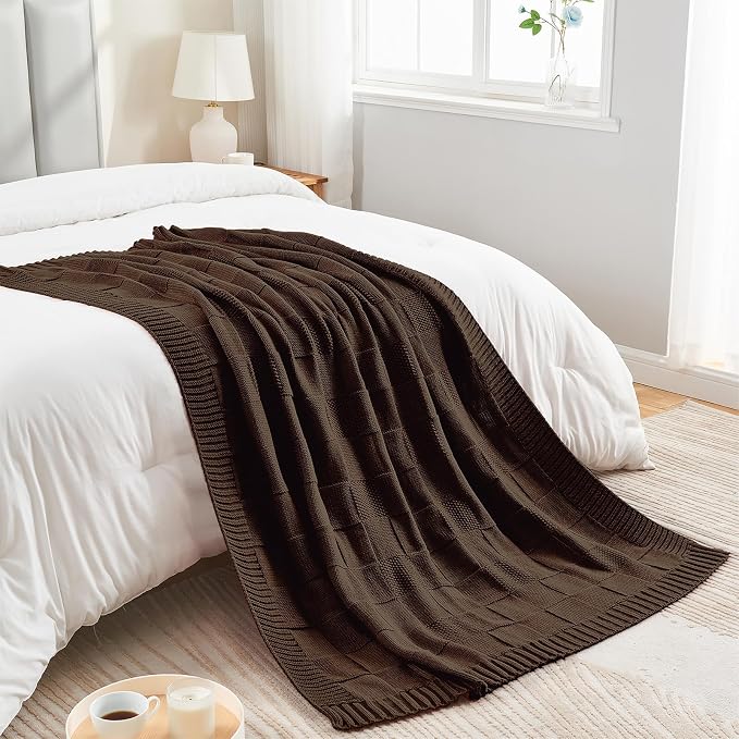 CozeCube Dark Brown Knitted Checkered Throw Blanket 60"X80" | Check Knit Throw for Couch, Decorative Christmas Soft Cozy Warm Blanket for Bed Sofa Living Room